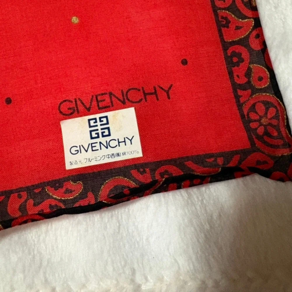 Vtg GIVENCHY Scarf Handkerchief Polka Dot Paisley Cotton Red 17.5